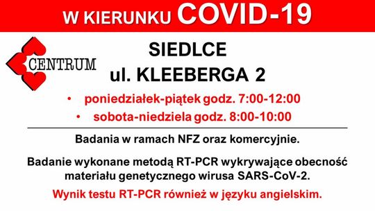 Centrum Medyczno-Diagnostyczne prowadzi  PUNKT POBIERANIA WYMAZÓW W KIERUNKU COVID-19 /artykuł sponsorowany/