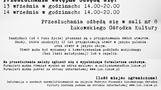 Lista przyjętych na zajęcia wokalne Fabryki Piosenki ŁOK 2018/2019