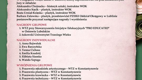 Łukowski Uniwersytet Trzeciego Wieku nagrodzony na 16. Wojewódzkim Przeglądzie Rękodzieła i Twórczości Plastycznej Seniorów i Osób Niepełnosprawnych