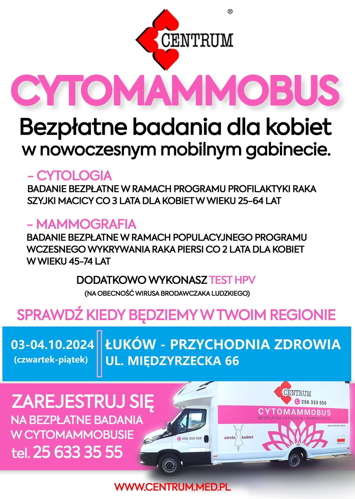 Badania przesiewowe dla kobiet w mobilnej pracowni diagnostycznej - CYTOMAMMOBUSIE CENTRUM /3-4.10.24