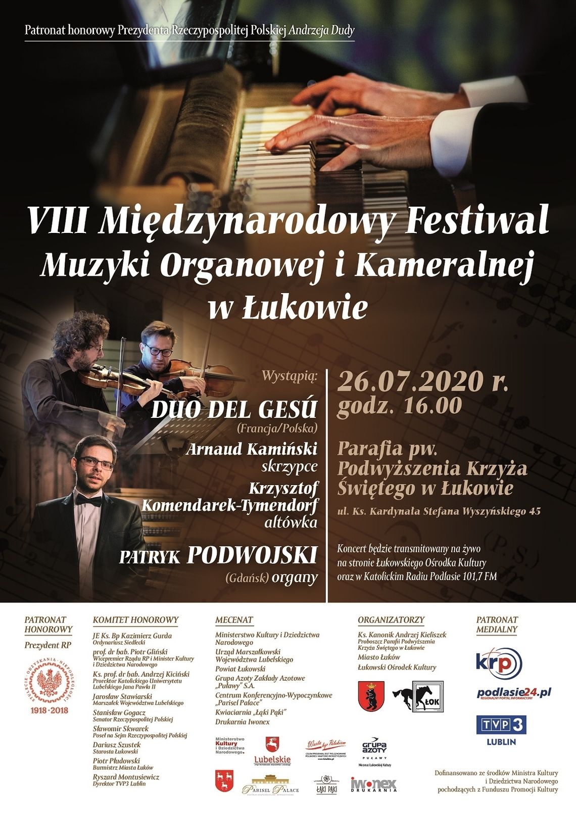 II koncert „VIII Międzynarodowego Festiwalu Muzyki Organowej i Kameralnej w Łukowie” / 26 lipca 2020 godzina 16:00