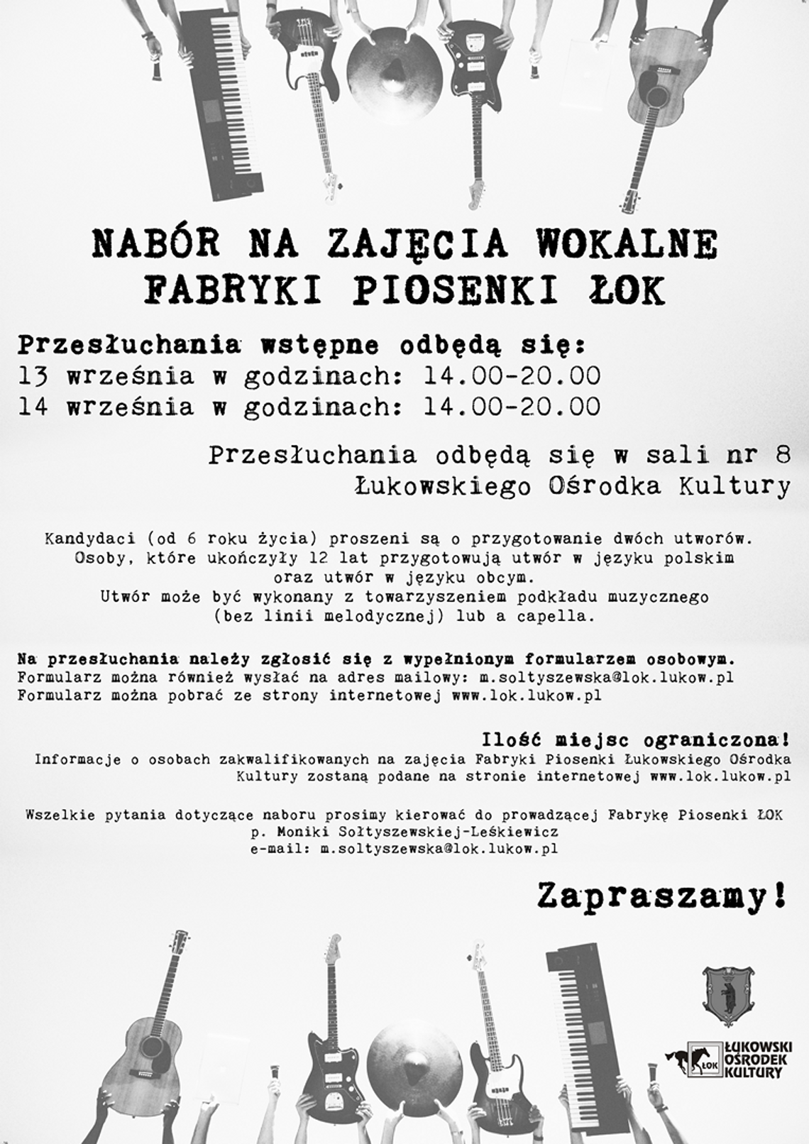 Lista przyjętych na zajęcia wokalne Fabryki Piosenki ŁOK 2018/2019