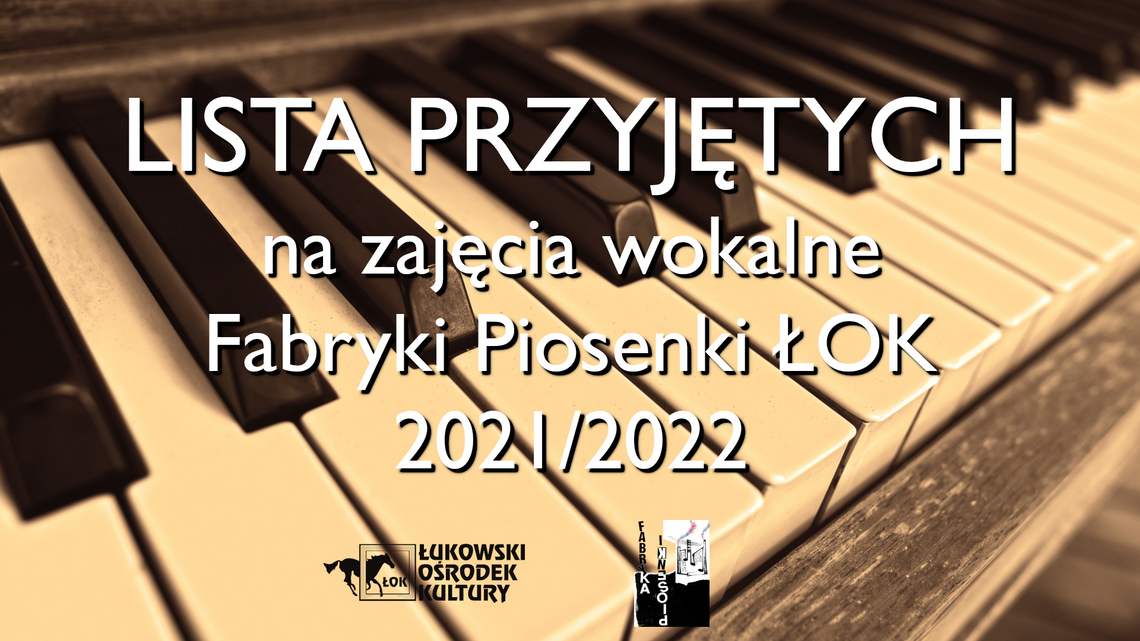 Lista przyjętych na zajęcia wokalne Fabryki Piosenki ŁOK 2021/2022