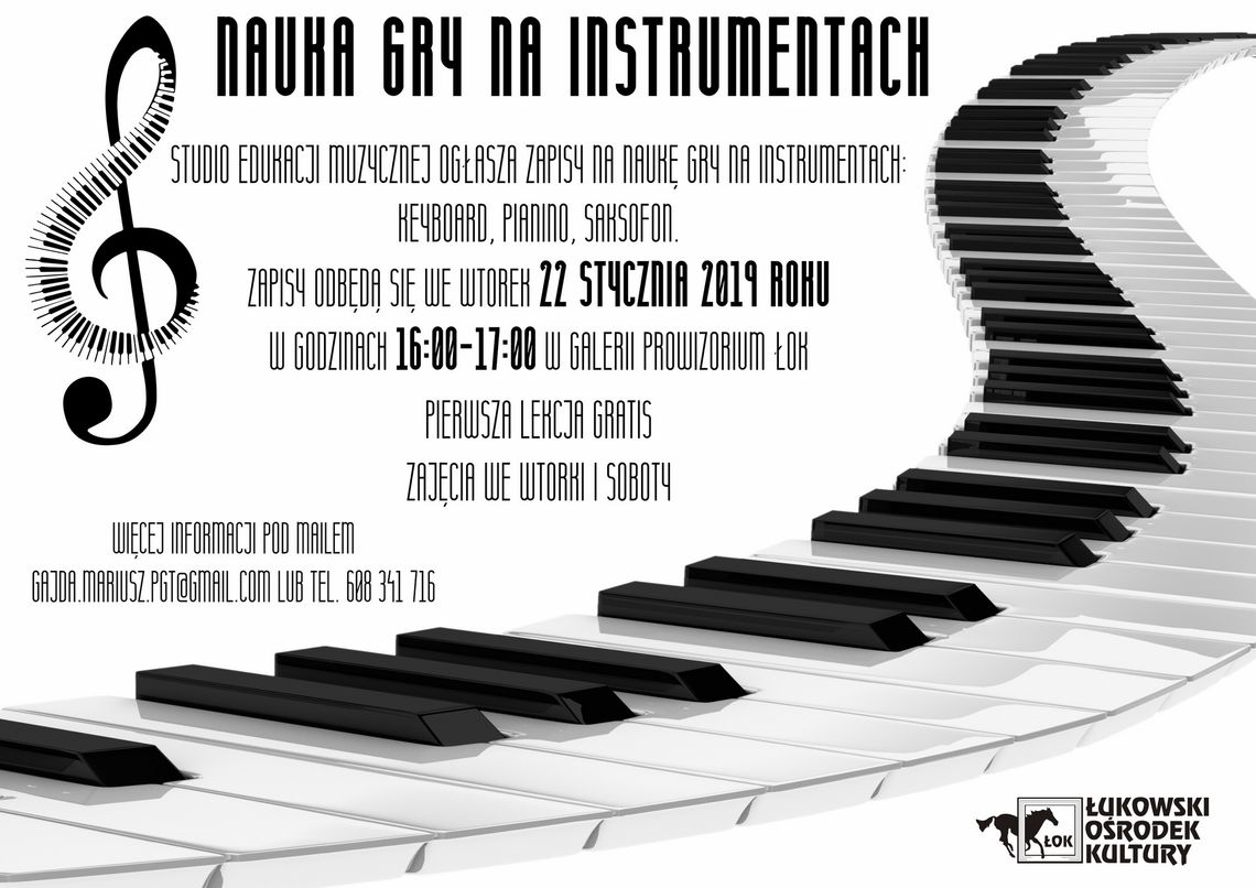 Zapisy na naukę gry na instrumentach: keyboard, pianino i saksofon w ŁOK /22 stycznia 2019