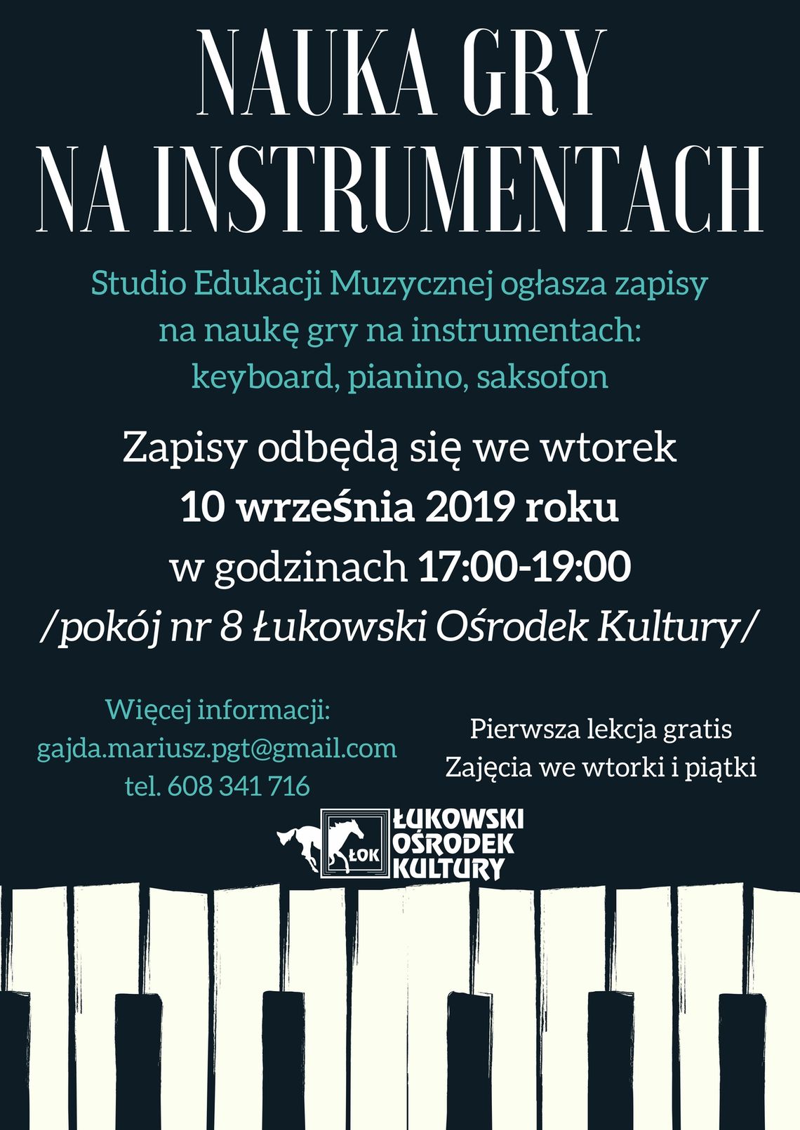 Zapisy na naukę gry na instrumentach: saksofon, pianino i keyboard w ŁOK /10 września 2019